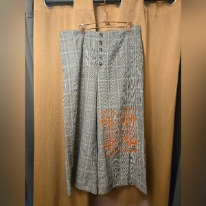 Anthropologie Gray Plaid Wide-Leg Cropped Pants with Orange Floral Detail